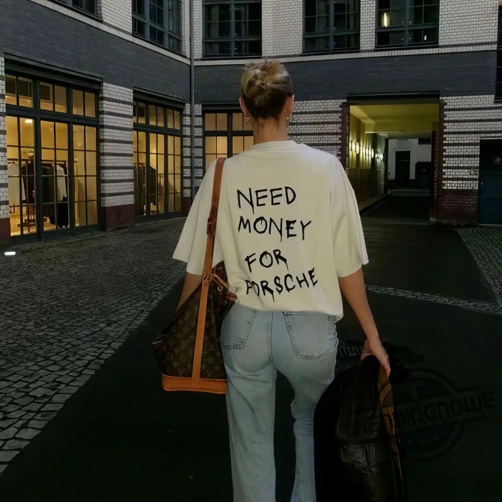 Unisex Beige 'Need Money for Porsche' Print Cotton T-shirt
