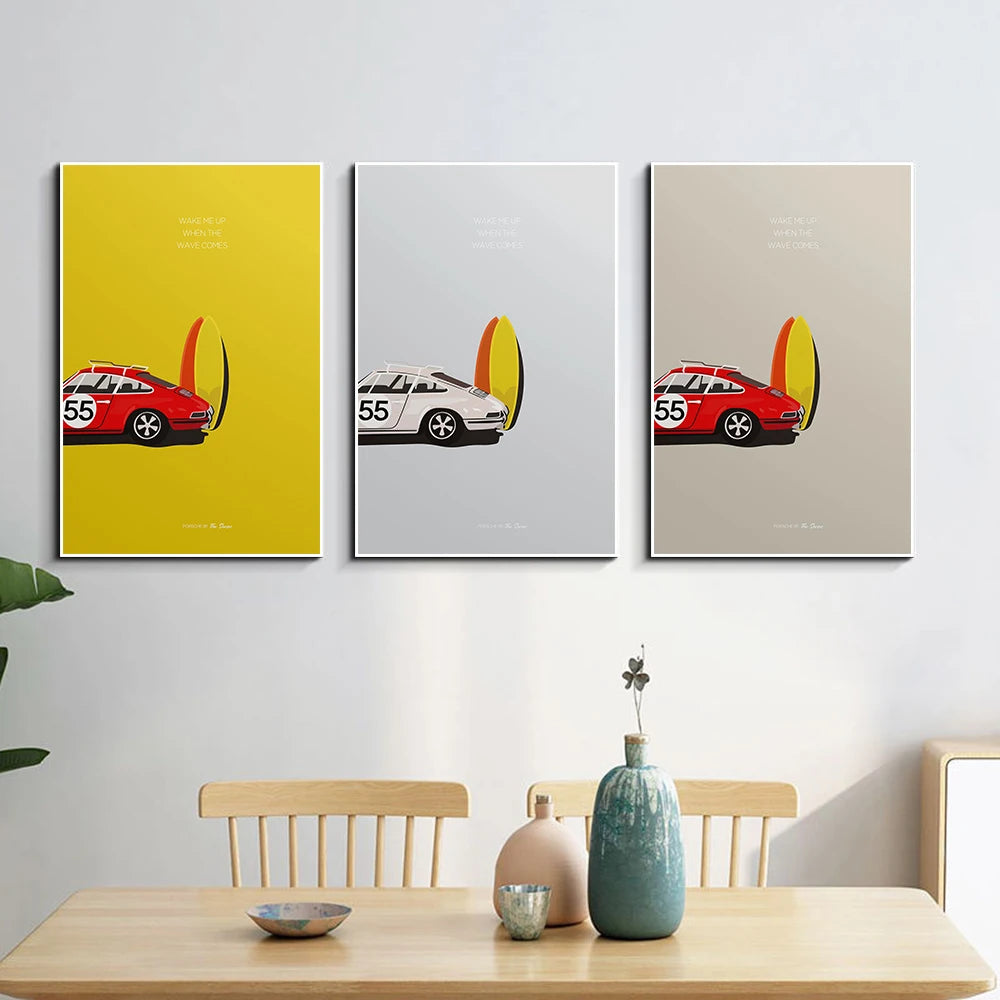 Grey Surf And Car Travel Poster Canvas Painting Supercar Wall Art Picture Room