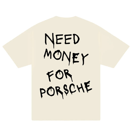 Unisex Beige 'Need Money for Porsche' Print Cotton T-shirt