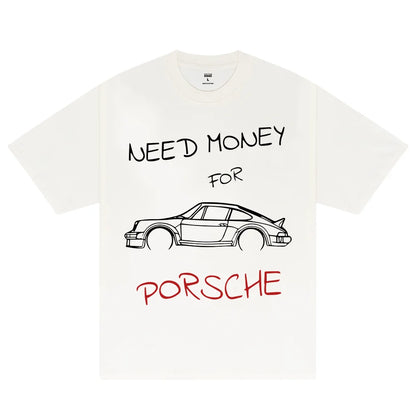 White Need Money for Porsche Graphic Print T-Shirt
