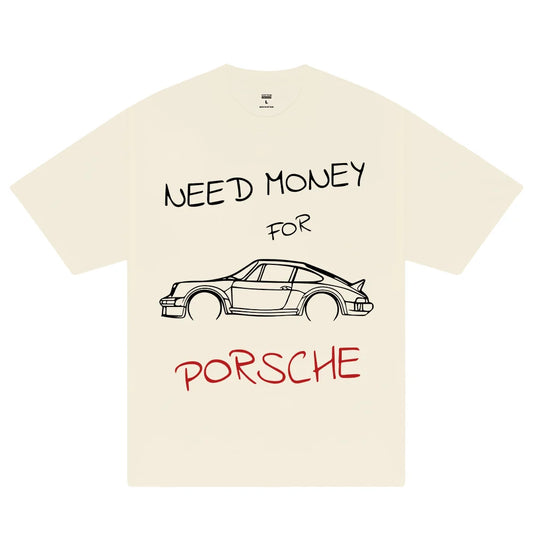 Beige Need Money for Porsche Graphic Print T-Shirt